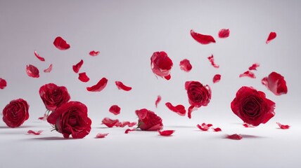 Red roses and petals on white background. AI generated