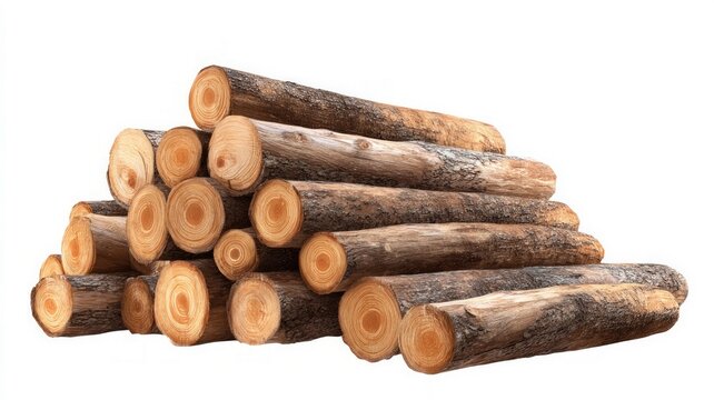 Stack of timber logs on white background. AI generated