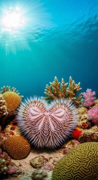 Underwater crown of thorns sea star on reef. Marine invertebrate habitat. Beautiful coral, ecology, nature, wild, life concept.