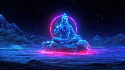 Fototapeta premium Neon illuminated statue meditating in the cosmos spiritual concept digital art