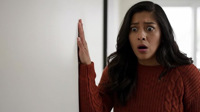 young hispanic woman in orange sweater pressing ear to white wall to listen. shocked female eavesdropping on neighbors or secrets. curiosity, spying concept. gossip, privacy.