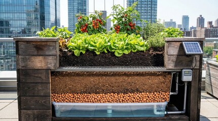 Urban rooftop garden with hydroponic system and solar panel in city © Talha