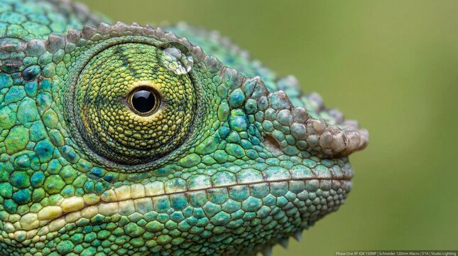 Vibrant chameleon close-up showcasing colorful scales and detailed eye