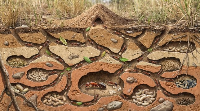 Detailed underground ant colony with organized chambers and busy workers