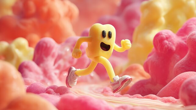 Yellow animated character running through pink intestinal villi structure