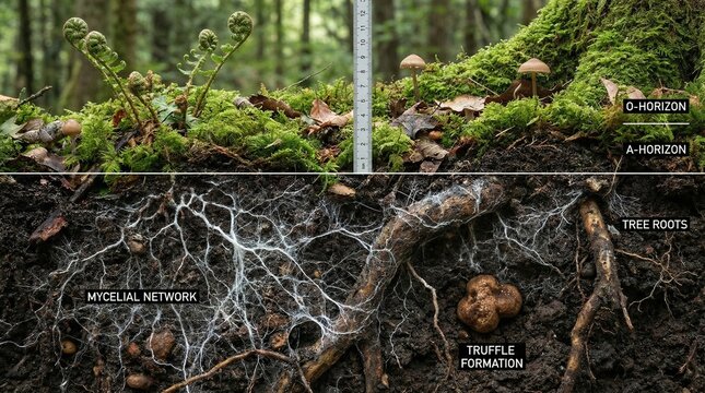 Soil layers with mycelial network and tree roots in forest ecosystem