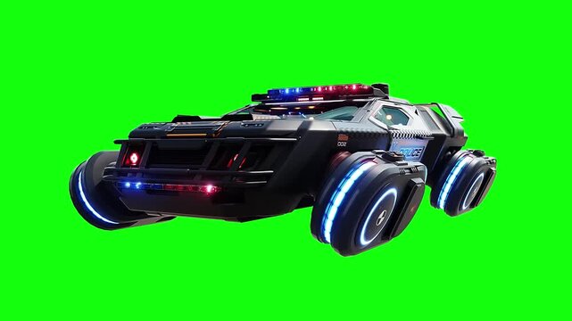 Futuristic cyber police flying car. realistic dynamic reflections on the car body. 4K green screen isolate.