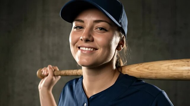 caucasian female softball player in blue uniform holds wooden bat behind her neck. confident athlete portrait on turf with concrete background. sports media day, team roster, web design.