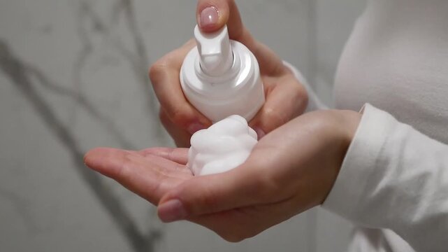 Skincare routine, female hands dispensing foaming face wash for hygiene.