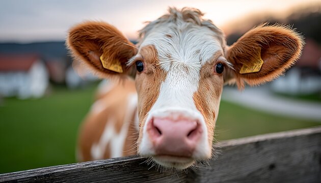 Simmental Calf Peeking Through Gate Into Green Fields, Capturing the Beauty of Nature s Serenity