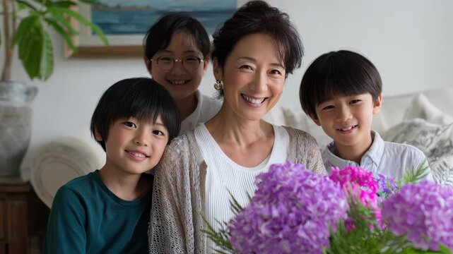 Elderly woman with posing with vibrant purple hydrangeas, family portrait, domestic happiness, generational bond, home setting.