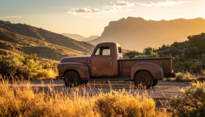 Old rusted classic american pickup truck in native farm location