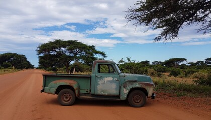 Old rusted classic american pickup truck in native farm location