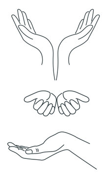 A person's hands in different positions. A hand silhouette outlined by a line.