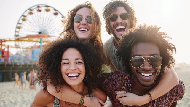Group of diverse friends laughing together on beach, pier amusement park, sunset backdrop, vacation vibe, fun, summer holiday.