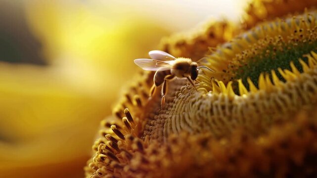 A close-up shot of a bee collecting pollen from the center of a bright yellow sunflower, showcasing the intricate details of the flower's structure and the bee's role in pollination.