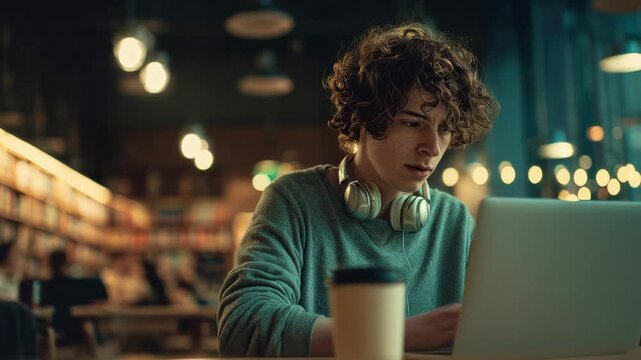 Student intensely working on laptop, library study session, quiet academic environment, bookshelf backdrop, warm ambient lighting.