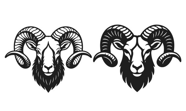 Vector illustration of two ram heads with big horns. Male sheep, mountain goat, animal head, curved horns, wild ram 