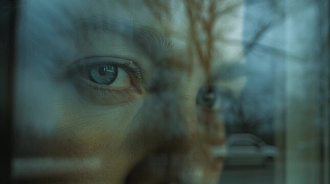 Window reflection used to suggest an inner emotional state rather than surroundings, creating a cinematic, introspective image where perception and feeling outweigh physical environment.
