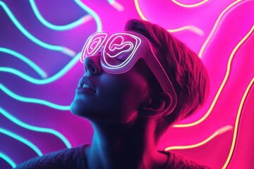 Obraz premium Youthful person enjoying bright neon lights with illuminated glasses in creative setting