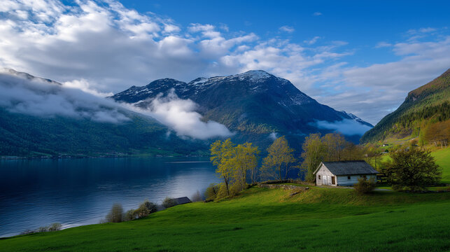 AI generator images of A natural lake surrounded by mountains, this place is renowned for its natural beauty seamlessly blended with rural life.