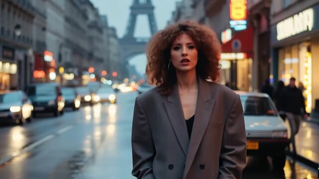 Woman standing in street with Eiffel Tower behind her during evening in Paris