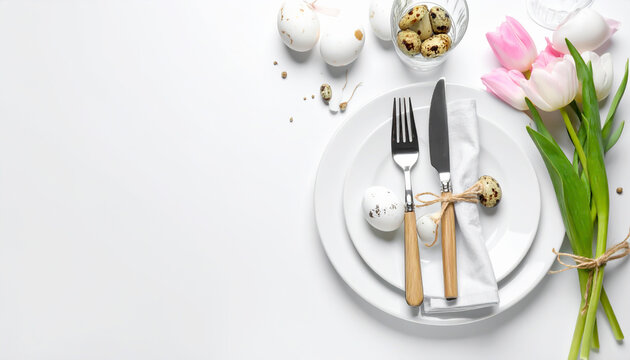 Eleganter Ostertisch mit Tulpe, Pastell-Serviette und Ostereiern