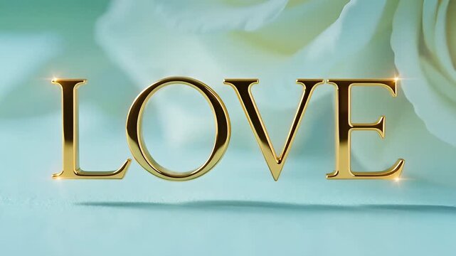 two gold wedding rings with white roses and animated gold love text