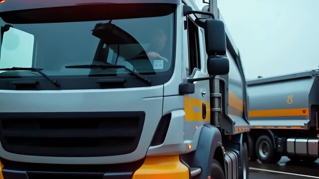two grey garbage trucks with yellow elements standing on wet asphalt in an industrial area