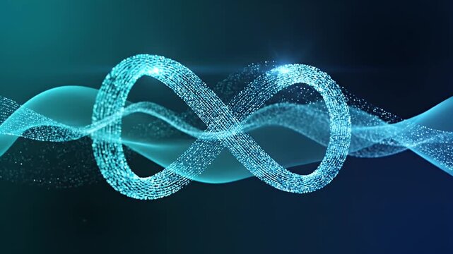 Dynamic digital infinity symbol crafted from glowing particles and flowing light waves, embodying concepts of endless continuity, boundless potential, and futuristic data