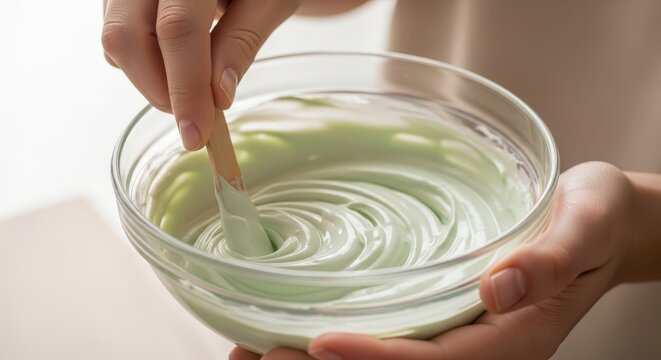 facial aesthetics concept Mixing light green cosmetic cream or mask in a clear glass bowl by hand facial aesthetics concept