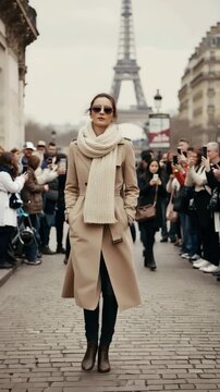 Tourist walks in Paris near the Eiffel Tower while people take pictures on a busy street in the city during the day