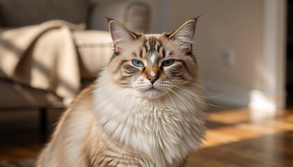Fototapeta premium Portrait of a fluffy Ragdoll cat with blue eyes sitting indoors. Cute domestic pet looking at camera in sunlit living room. Animal care concept