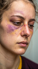 Obraz premium Woman with facial bruises looking down against neutral background