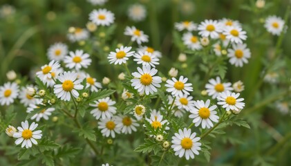 Fototapeta premium Field of white daisies with yellow centers in a green meadow. Spring wildflowers in bloom. Natural floral background