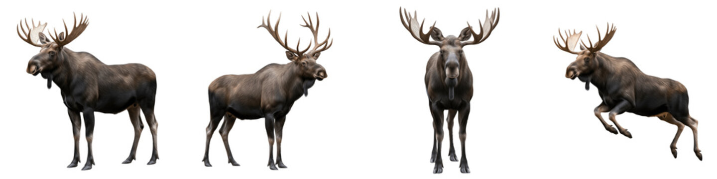 Large Bull Moose PNG Isolated White Background, Male Alces Alces with Antlers Set, Standing and Galloping Forest Wildlife Collection, Realistic North American Animal