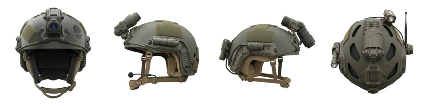 Tactical Military Helmet PNG Isolated White Background, Olive Drab Ballistic Combat Helmet Set, Special Forces Head Protection Gear, Army Equipment Mockup Clipart