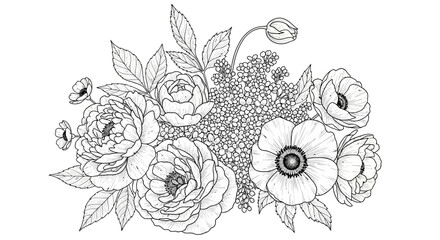 A delicate floral arrangement featuring roses, daisies, and other blooms in a beautiful bouquet, viewed from directly above, showcasing intricate illustrations.