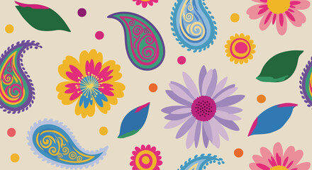Vibrant floral pattern with paisley and leaves viewed from directly above in a lively wallpaper design