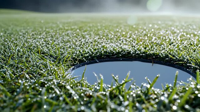 Golf ball falling into hole on a dewy green golf course in slow motion.