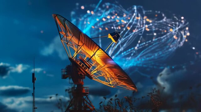 Large dish antenna scanning celestial data, radio telescope, deep space observatory, night sky, cosmic receiver, astronomical research equipment.
