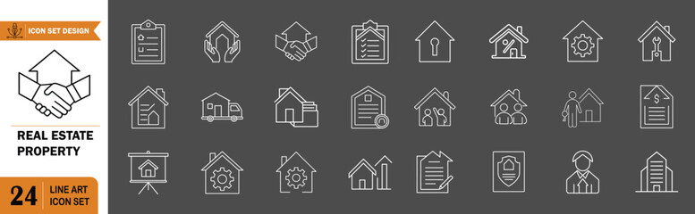 Real Estate Property Management Line Icon Set Modern Home Insurance Construction and Housing Services Outline Collection