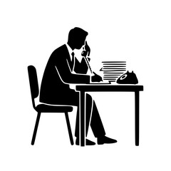 Fototapeta premium Businessman Silhouette Working at Desk with Telephone and Documents