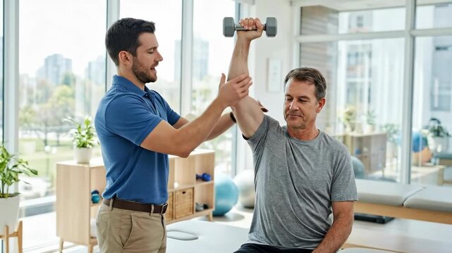 caucasian physiotherapist helping mature patient with dumbbell exercise in rehabilitation center. physical therapy and injury recovery concept. healthcare, medical clinic, wellness.