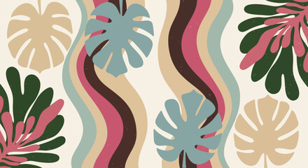 Vibrant illustration of monstera leaves and wavy lines in a seamless pattern on a neutral background from a top viewpoint © John