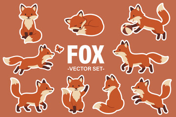 Fototapeta premium Cartoon fox sticker set in different poses and actions with white outline, flat vector illustration