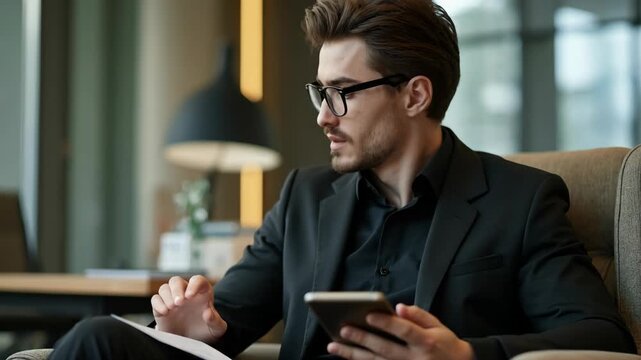 shot of handsome business chief guy holding e-reader checking notebook report comparing partners and own finance numbers wear specs black blazer shirt suit sit chair office indoors fashion.