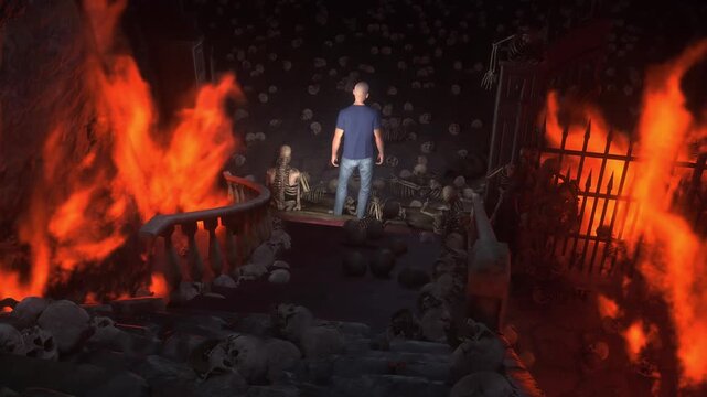 Man in hell. Sinner. A lonely sinfull man stands in front of a hell gates. Hell fire. Religious concept. Realistic 4k animation.