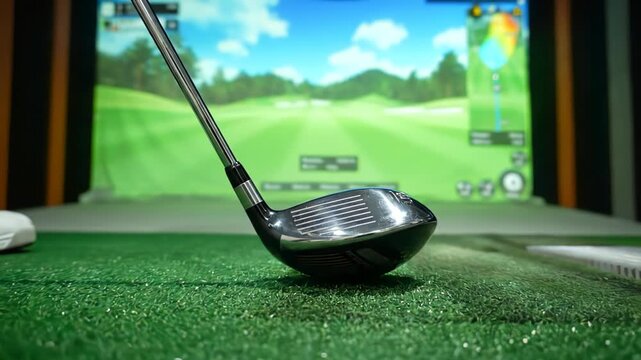 Golf club poised to strike a golf ball on a green mat in a golf simulator with a virtual course background.