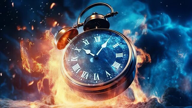 Vintage brass alarm clock in fiery cosmic, celestial timepiece, antique timekeeper, celestial clock, cosmic fire, time explosion.